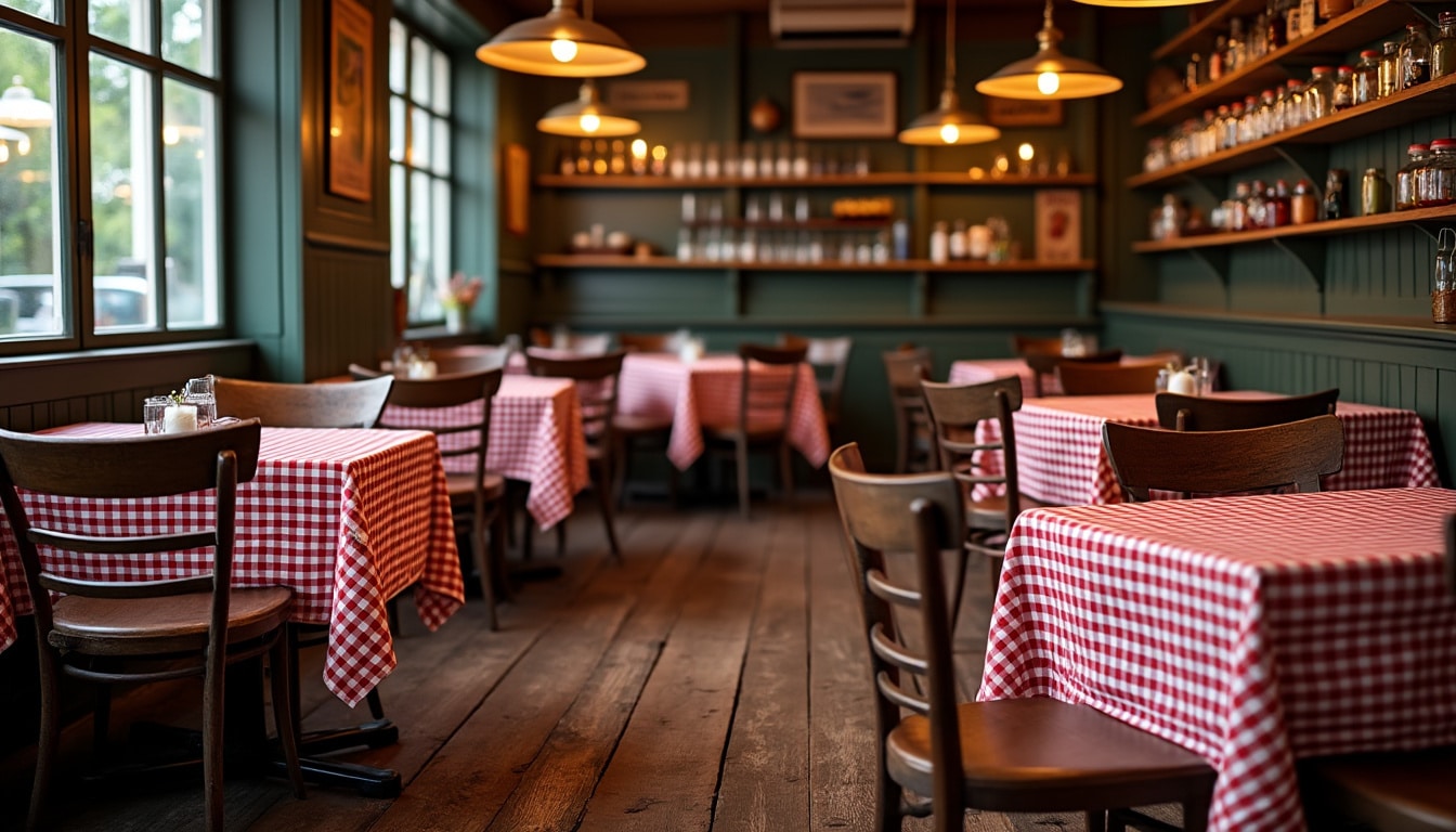 découvrez l'ambiance chaleureuse d'un bistro traditionnel décoré avec des nappes à carreaux rouges, symbole de convivialité et d'authenticité.